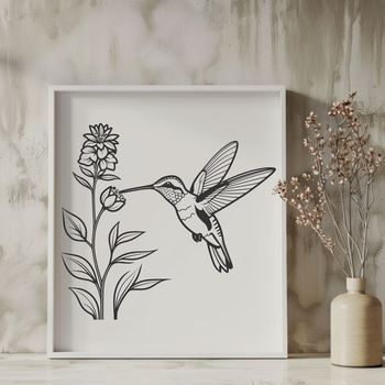 A vector graphic design featuring a realistic hummingbird perched on a branch amidst blooming flowers.