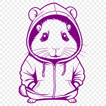 A simple illustration of a hamster wearing a hooded sweater, depicted in bold lines and minimal colors.