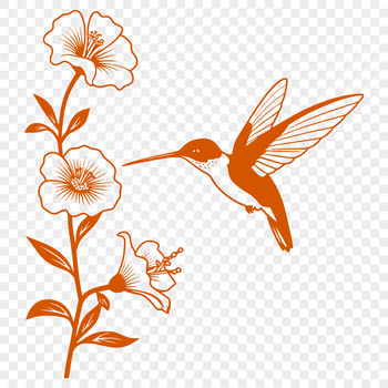 A detailed vector graphic of a hummingbird in flight near a blooming flower arrangement.