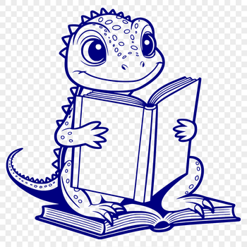 A reptile with scaly skin sitting on a rock reading a book.