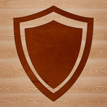 A detailed shield graphic with bold lines and geometric shapes.