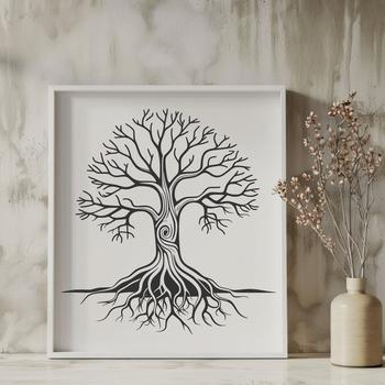 A detailed illustration of a single tree with roots and foliage, suitable for vector graphics and design.