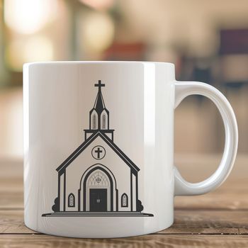 A 2D representation of a traditional Baptist church building with a steeple.