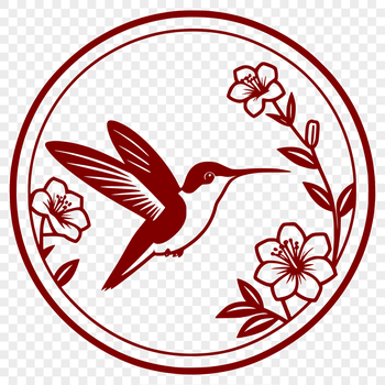 An illustration of a hummingbird in flight surrounded by lush green foliage.