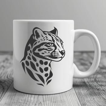 A detailed illustration of an ocelot's head, depicted as a big cat with distinctive markings.