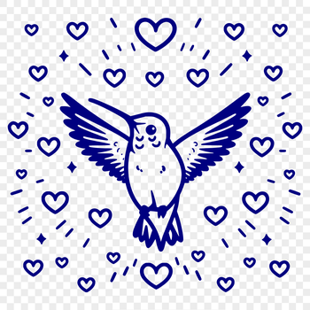 A colorful hummingbird in mid-air, surrounded by red love hearts.