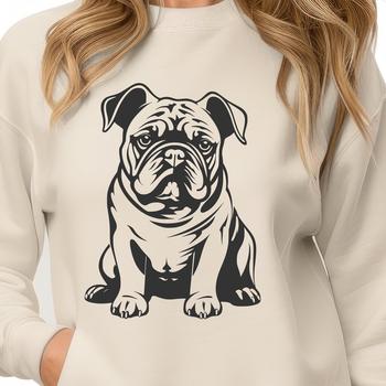 A sitting dog with a distinctive wrinkled face and sturdy build.