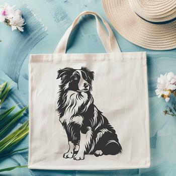 A full-body illustration of an Australian Shepherd dog sitting with its front paws tucked under its chest.