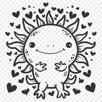 A cartoon axolotl with love hearts surrounding its body.