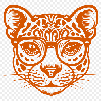 Close-up illustration of a big cat's head with glasses, rendered as a vector design.