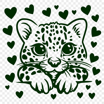 A stylized illustration of a big cat's head peeking out from behind a heart.