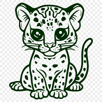 A full-body illustration of an ocelot sitting on its haunches, with intricate details and textures.