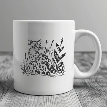 A detailed illustration of an ocelot sitting in a natural environment.