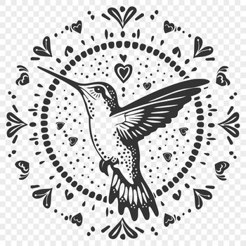 A detailed illustration of a hummingbird in flight, with intricate ornate patterns on its feathers.