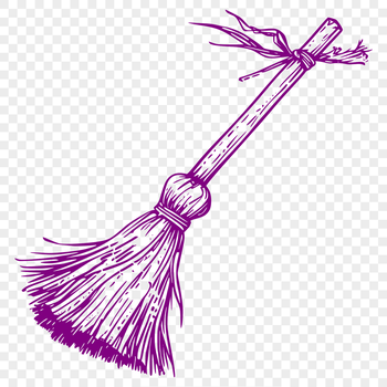 A witch stands on a hill, holding a broom stick with a full moon in the background.
