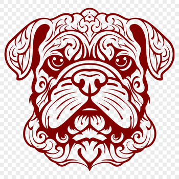 An illustration of a bulldog's head with intricate details.