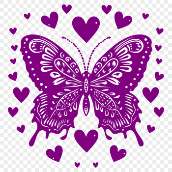 A colorful illustration of a full-body butterfly with love hearts surrounding it.