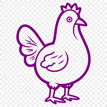 A simple line drawing of a full-body chicken in a farm setting.