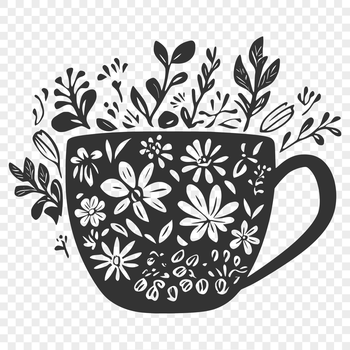 A white coffee cup on a wooden table with a floral pattern.