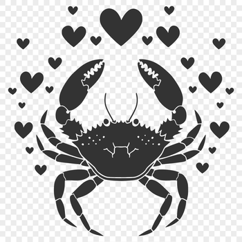 A stylized illustration of a full body crab with love hearts.