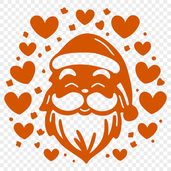 A jolly Santa Claus with love hearts on his head, surrounded by festive Christmas elements.