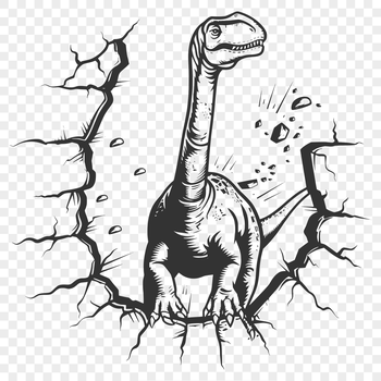 A large, prehistoric dino smashing through a wall in full-body form.