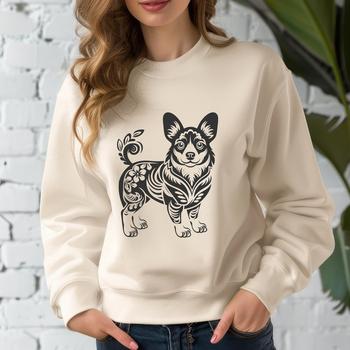 A full-body illustration of a Welsh Corgi standing on its hind legs, adorned with ornate floral patterns.