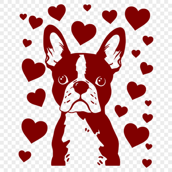 A stylized vector illustration of a friendly Boston Terrier with heart symbols surrounding its head.