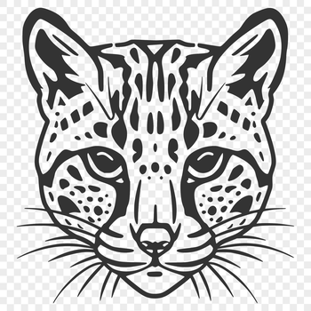 A vector illustration of a close-up ocelot's head, featuring the big cat's distinctive markings and facial features.