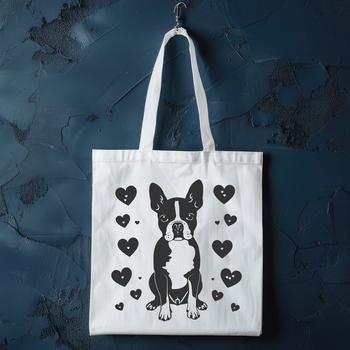 A colorful illustration of a full-body sitting Boston Terrier with heart symbols.