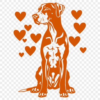 Large breed dog sitting on ground with heart symbols.