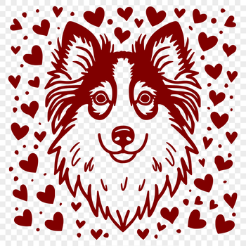 A vector illustration of a friendly Shetland Sheepdog's head with heart shapes surrounding its features.