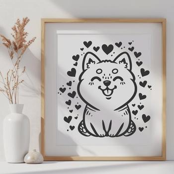 A close-up view of a Shiba Inu's head with heart-shaped designs integrated into the illustration.