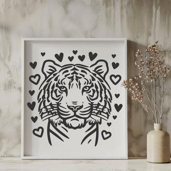 A large tiger with love hearts surrounding its head.