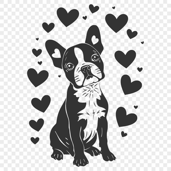 A sitting Boston Terrier dog with heart designs surrounding its body.