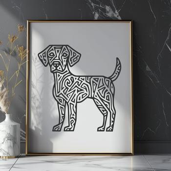 A full-body illustration of a standing Weimaraner dog breed, designed as a vector graphic.
