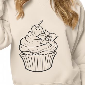 A stylized illustration of a single serving-sized cupcake with creamy frosting.