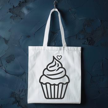 Simple line drawing of a colorful cupcake with love hearts on top.