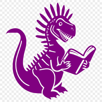 Prehistoric dinosaur illustration in full body pose, engaging in a reading activity.