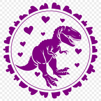 A stylized, full-body illustration of a Tyrannosaurus Rex with love hearts integrated into the design.