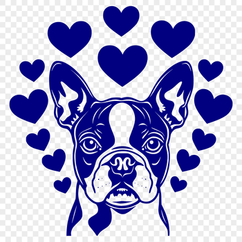 A stylized illustration of a Boston Terrier's head with love hearts surrounding its features.