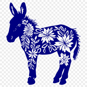 A detailed illustration of a standing donkey with ornate floral patterns on its fur.