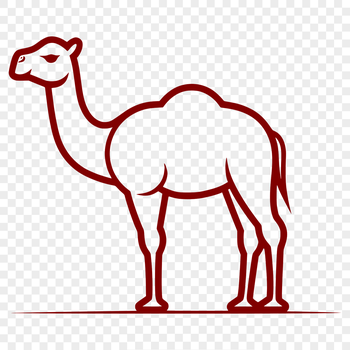 A simple line drawing of a camel standing on four legs in a full-body illustration style.