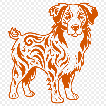 A full-body illustration of a standing Australian Shepherd dog with intricate details.