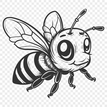 A detailed illustration of a bee in mid-flight, with its wings spread and body fully visible.