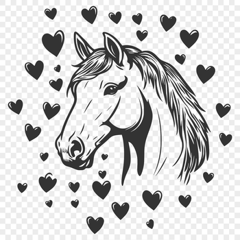 A vector graphic illustration of a horse with heart symbols surrounding its body.