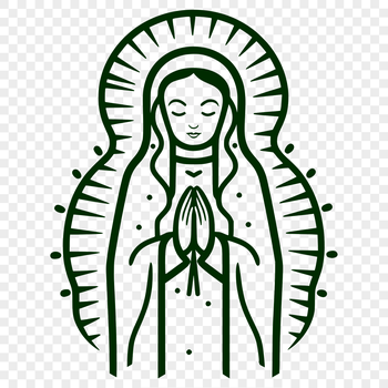 A simple line drawing of the Virgin Mary in an ornate style, suitable for religious art.
