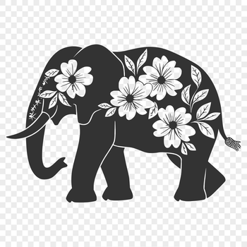 A detailed illustration of a standing elephant, featuring intricate floral patterns and ornate details.