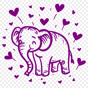 A standing full-body elephant illustration with love hearts incorporated into the design.