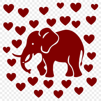 A full-body illustration of a standing elephant with love hearts surrounding its body.